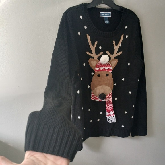 Karen Scott Women's Size Large Knit Sweater Christmas Reindeer Black Long Sleeve - Picture 6 of 9